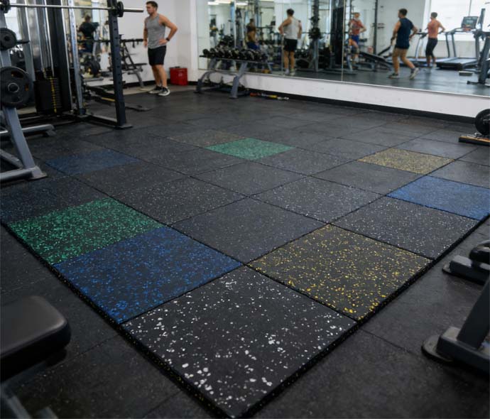 Black rubber gym flooring tiles with white, green, blue and yellow flecks installed in a commercial gym with weight equipment