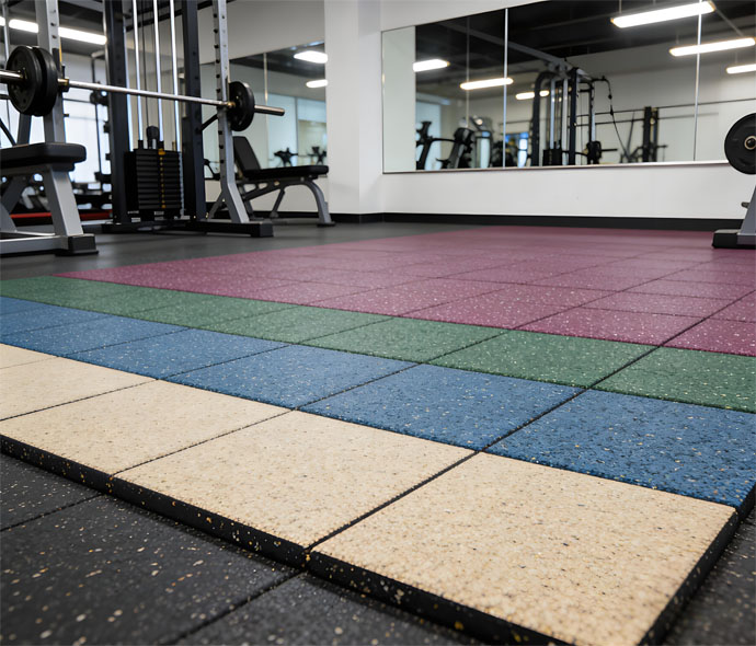 Commercial gym floor of black rubber tiles with red, blue, green and beige color zones under squat racks