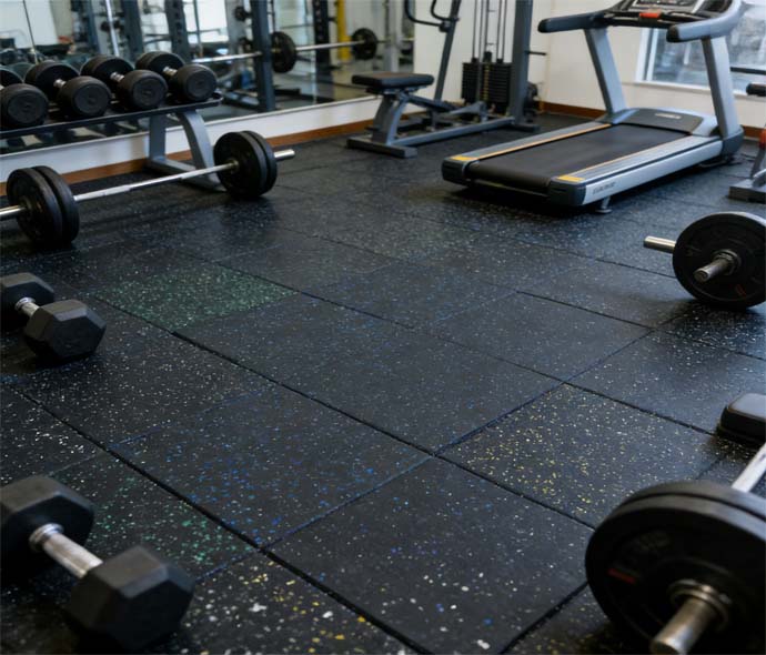 Black speckled rubber gym floor tiles under dumbbell racks and treadmills in a commercial weight room