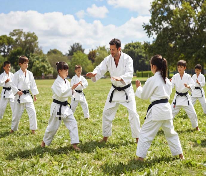 Children in white judo gis and black belts practising together on an outdoor lawn with their instructor
