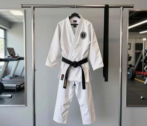 White karate gi with black belt and chest emblem hanging on a chrome rack in a gym with mirrors