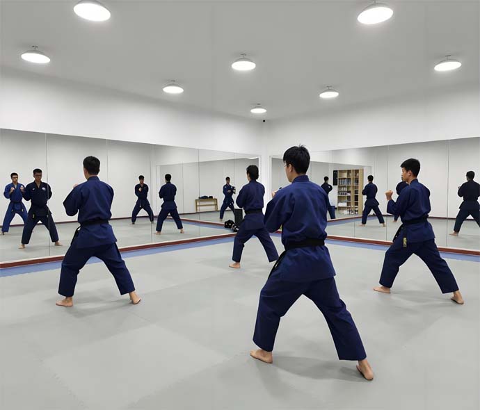 Karate students in navy blue gis and black belts practicing stances on gray mats in a mirrored dojo