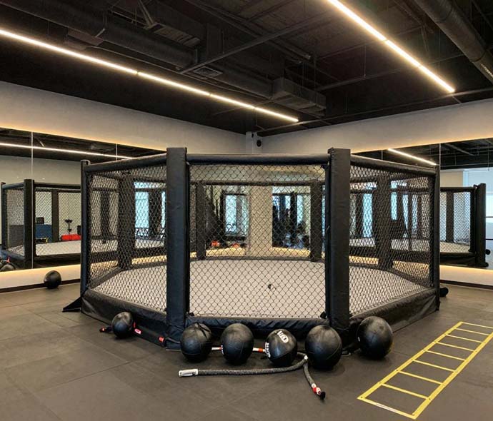 Black octagonal MMA cage with padded posts and mesh fencing in a modern gym with medicine balls and an agility ladder