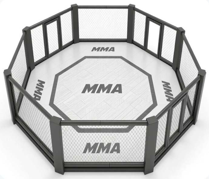 Octagonal MMA cage with dark gray posts, mesh fencing and a white mat marked with MMA logos