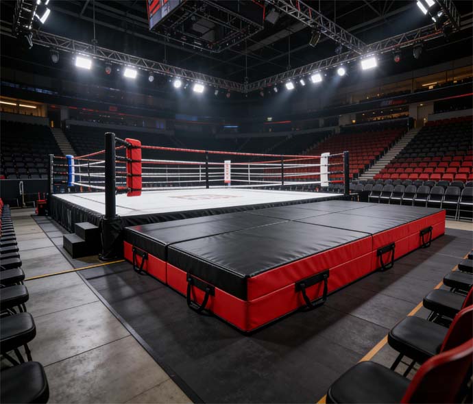 Two thick red-and-black foldable crash mats with side handles on the floor in front of a boxing ring in an arena