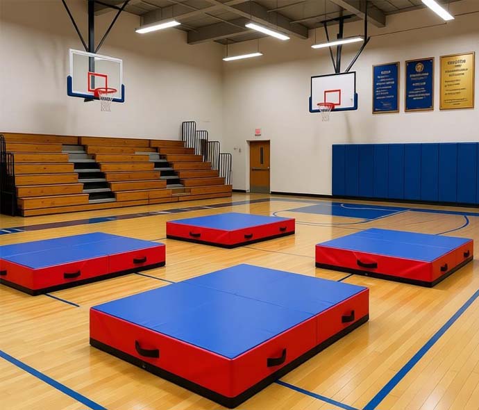 Blue and red crash mats with side handles arranged on a hardwood gym floor with bleachers and basketball hoops