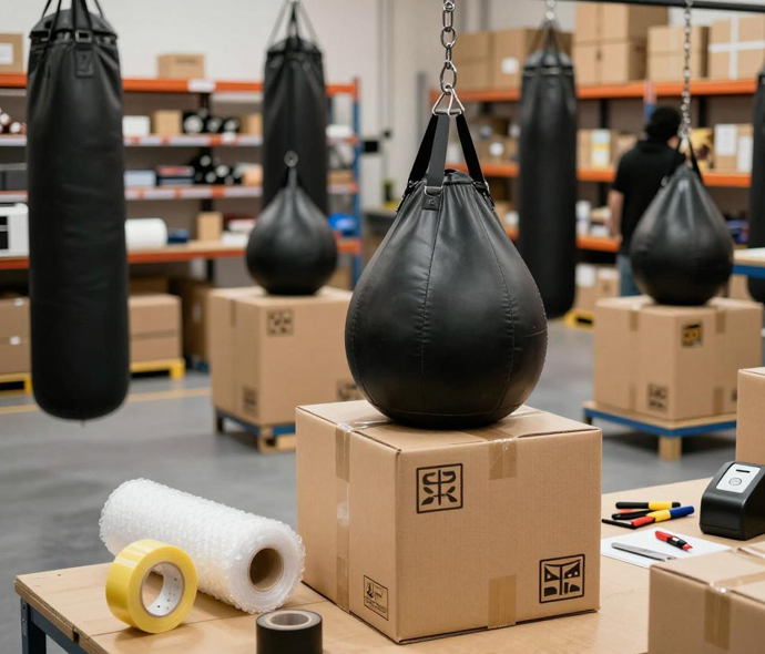 A black teardrop heavy punching bag hanging above a taped cardboard box in a warehouse packing area with bubble wrap and tape