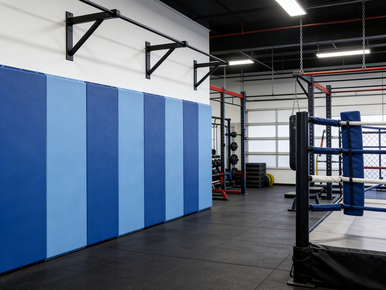 Two-tone blue wall padding panels lining a training gym beside a boxing ring and a black rubber floor
