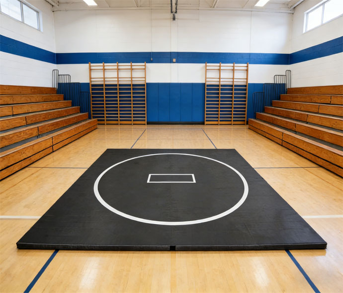 Black roll-out wrestling mat with a white circle and starting box laid in an empty school gymnasium with bleachers