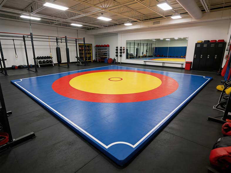 Blue competition wrestling mat with yellow and red circles laid on a black gym floor beside weight racks and lockers