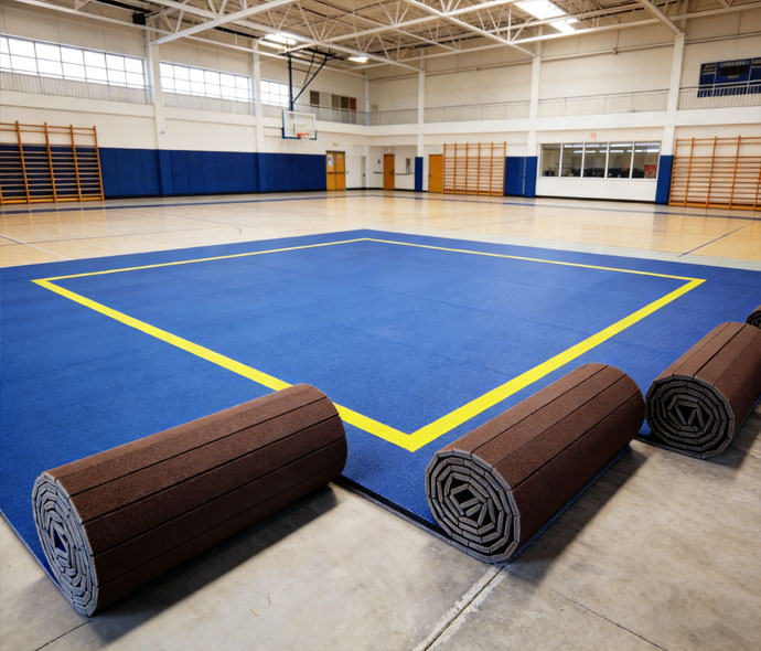 Blue roll-out BJJ training mat with yellow border and rolled brown mat sections on a gymnasium floor