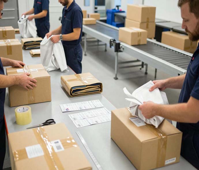 Workers folding white karate uniforms and packing them into cartons at a packing table