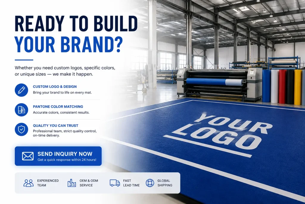 Sports mat manufacturing facility with rolled materials and crating area