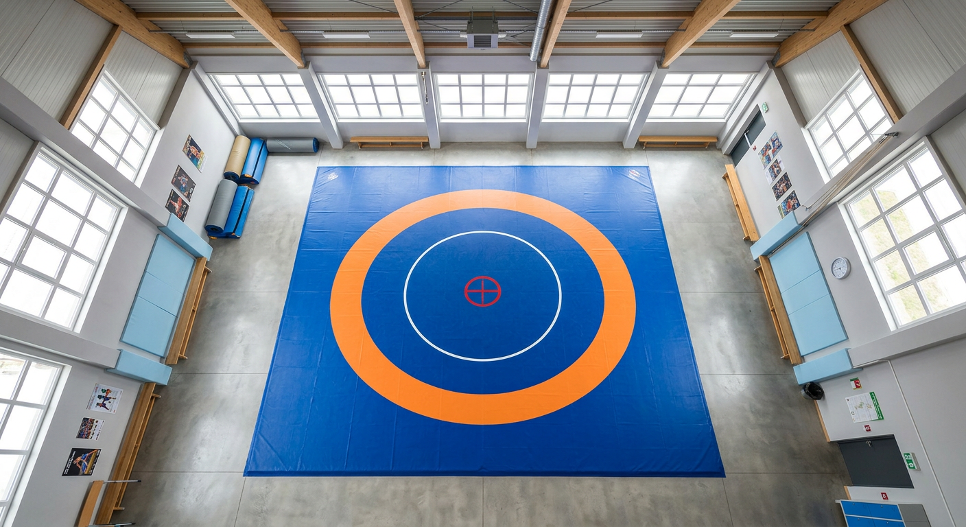 Overhead view of wrestling competition mat in a training room