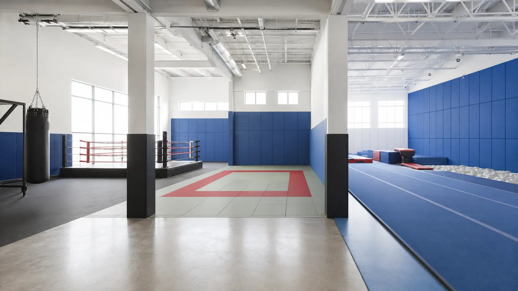 Blue wall padding in a gym with boxing ring, judo mat and gymnastics floor, shown at different heights per discipline