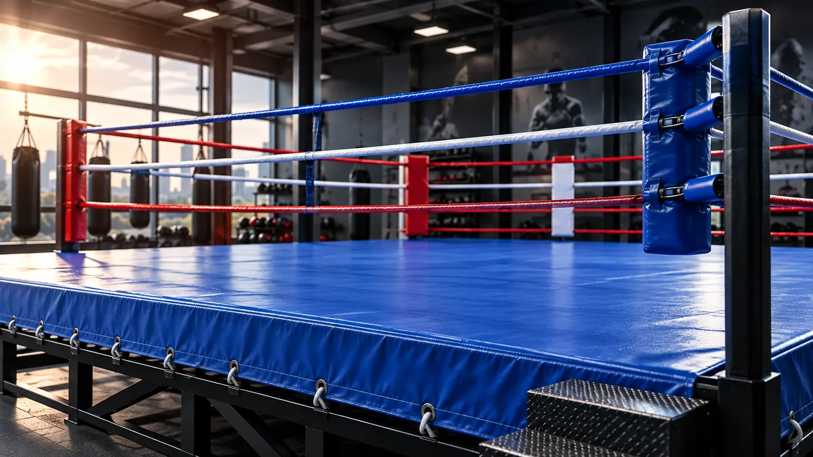 Blue-canvas boxing ring with red, white and blue ropes on a raised steel frame inside a modern training gym