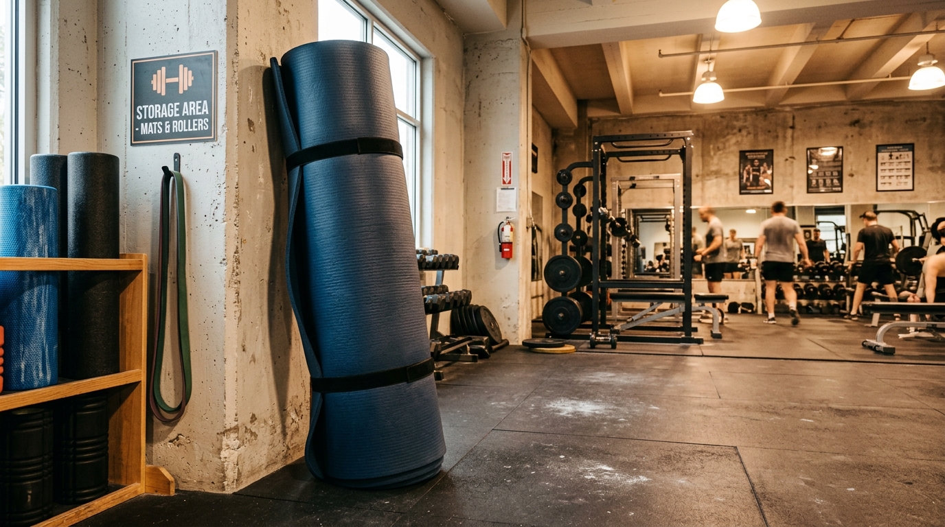 Rolled foam training mat standing against gym wall