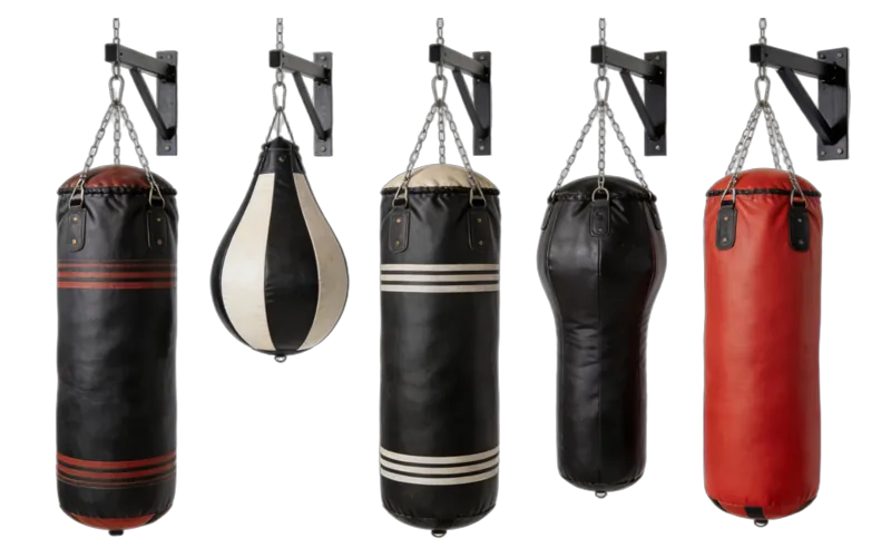Set of five hanging punching bags in black, red and cream on wall brackets, including heavy bags and a teardrop speed bag