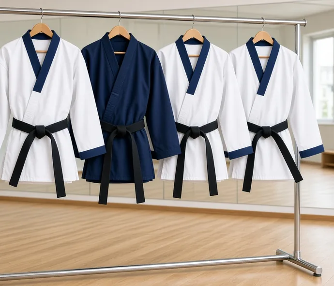 White and navy martial arts uniforms with black belts hanging on a chrome rack in a bright mirrored dojo