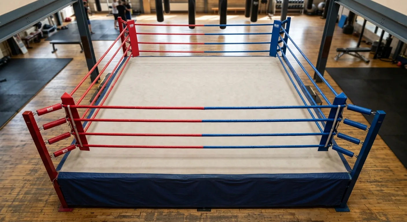 High-angle view of a boxing ring with red and blue corner pads and ropes in a gym with wood flooring