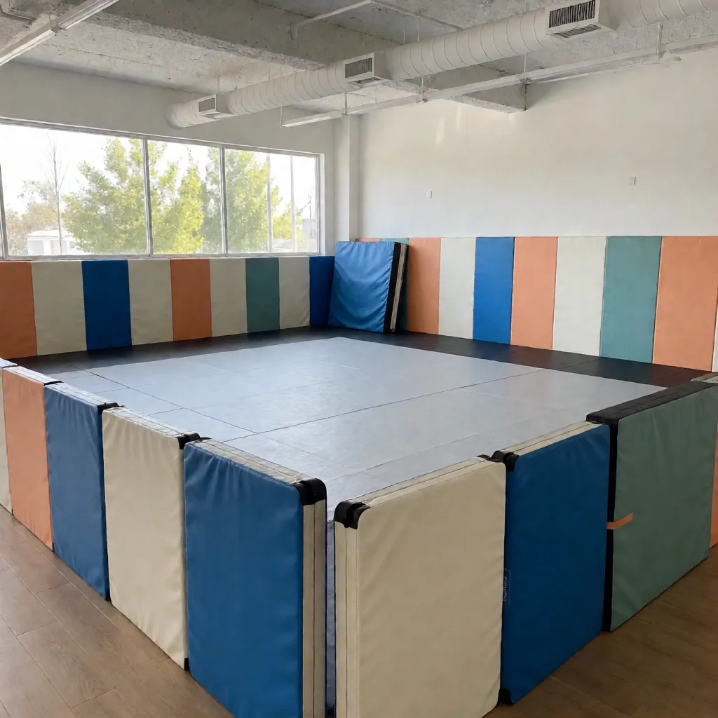 Gray training floor bordered by thick blue and beige crash mats and wall pads in a martial arts gym