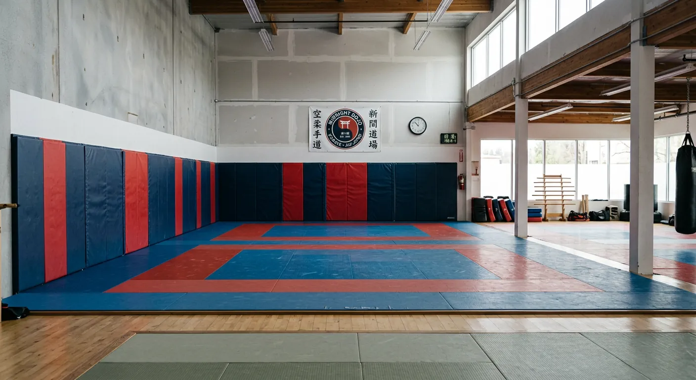 Blue and red wall pads lining a martial arts dojo above matching floor mats, with banner, heavy bag and large windows