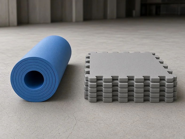 Blue roll-out foam gym mat beside a stack of gray interlocking EVA foam puzzle tiles on a warehouse floor