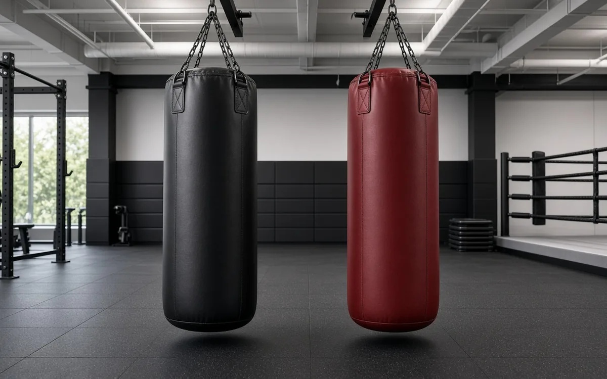 Black and red heavy punching bags hanging side by side from chain mounts in a commercial boxing gym