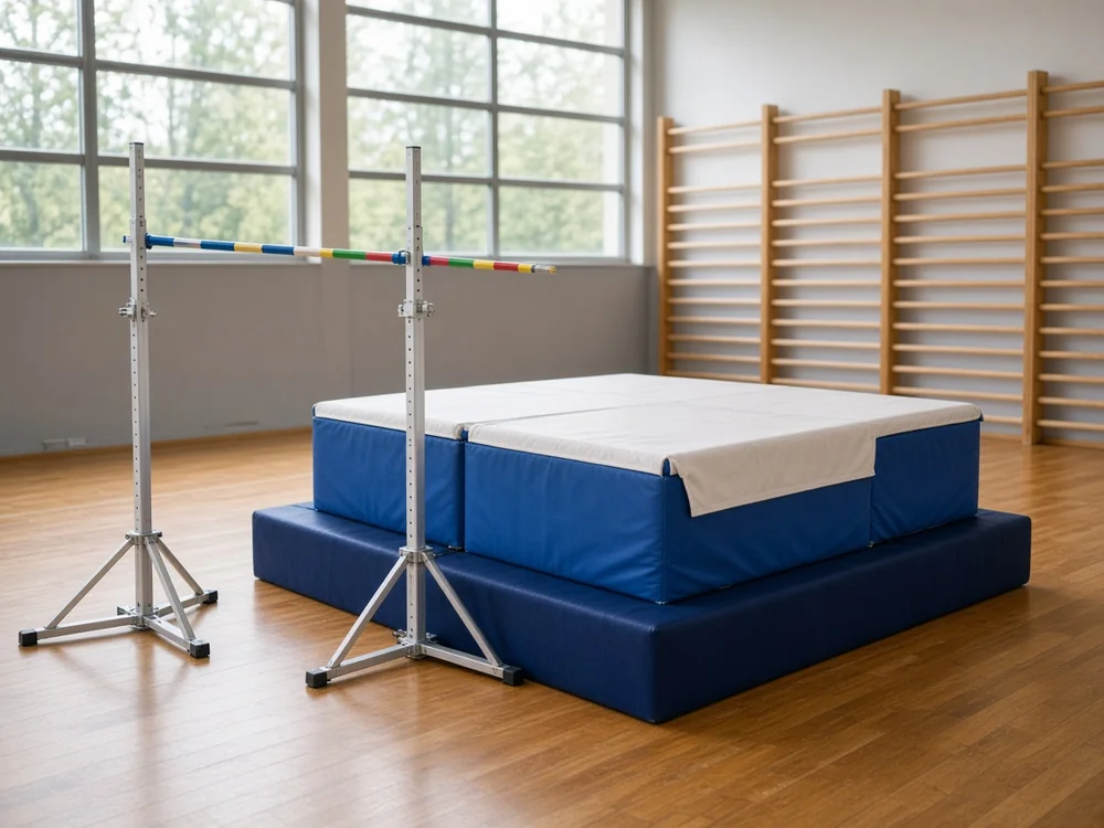 Blue and white high jump landing mat beside silver uprights and a multicolored crossbar on a wooden indoor gym floor