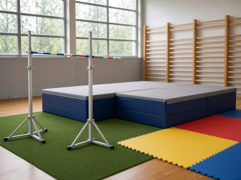 High jump landing mat on green turf beside colorful gym foam tiles and silver uprights in a bright indoor athletic facility