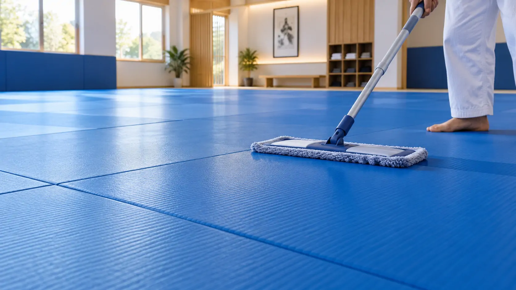 Barefoot person in white gi pants using a microfiber flat mop on a blue textured martial arts mat in a bright dojo