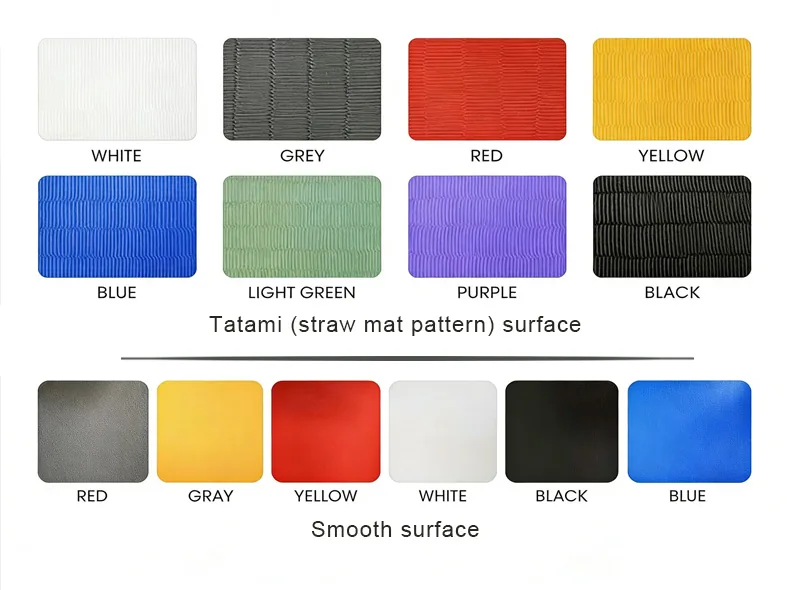 Color swatch chart of judo mat options in tatami straw pattern and smooth surface finishes, including red, blue, yellow and black
