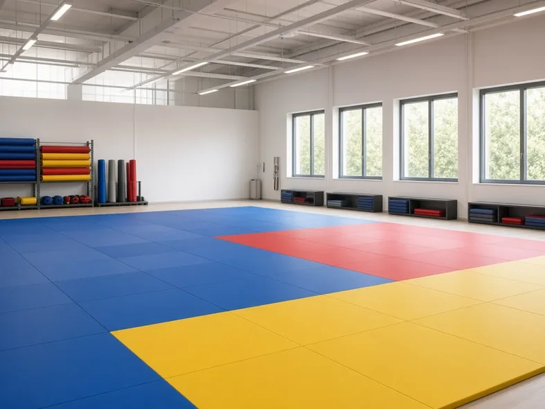 Blue, red and yellow judo tatami mats laid in a spacious academy training hall with equipment racks along the wall