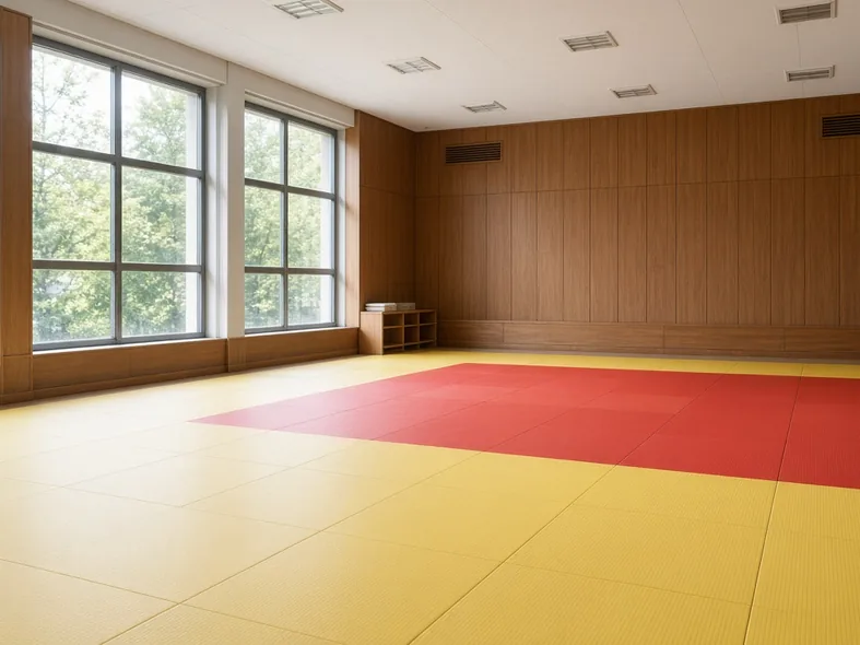 Judo dojo with yellow and red tatami competition mats beside large windows and wood-paneled walls