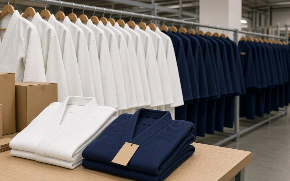 Wholesale judo gis on garment racks with folded uniforms and shipping cartons in a clean brand showroom