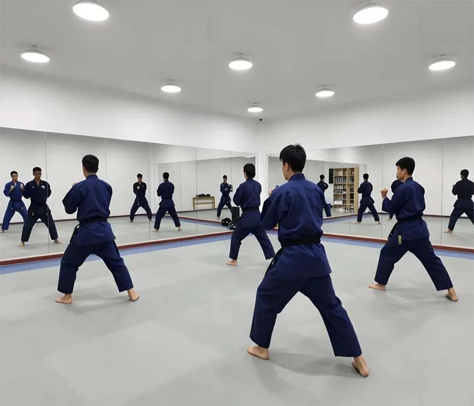Karate students in navy blue gis and black belts practicing stances on gray mats in a mirrored dojo