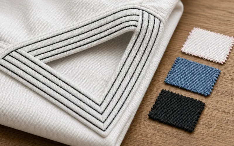 Folded white cotton karate gi jacket showing the reinforced stitched lapel beside white, blue and black fabric swatches