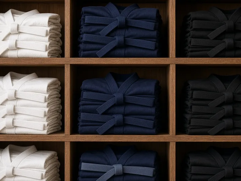 Stacks of folded white, navy and black karate gi uniforms tied with belts on wooden dojo shelves