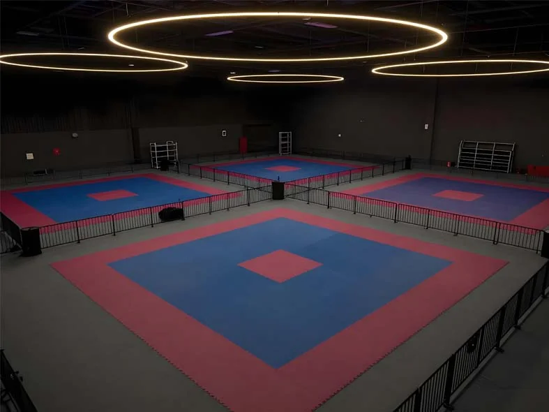 Blue and red interlocking karate mats with red borders inside a dojo training hall with ring ceiling lights