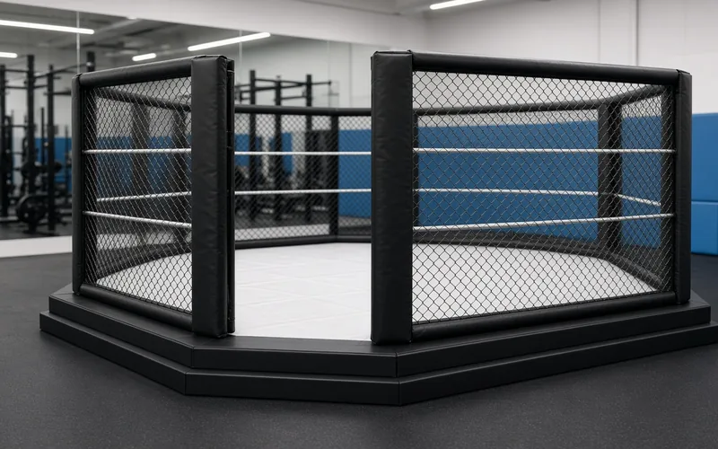 Black octagonal MMA cage with padded posts, mesh fencing and open front door on a low platform in a modern combat gym with mirrors