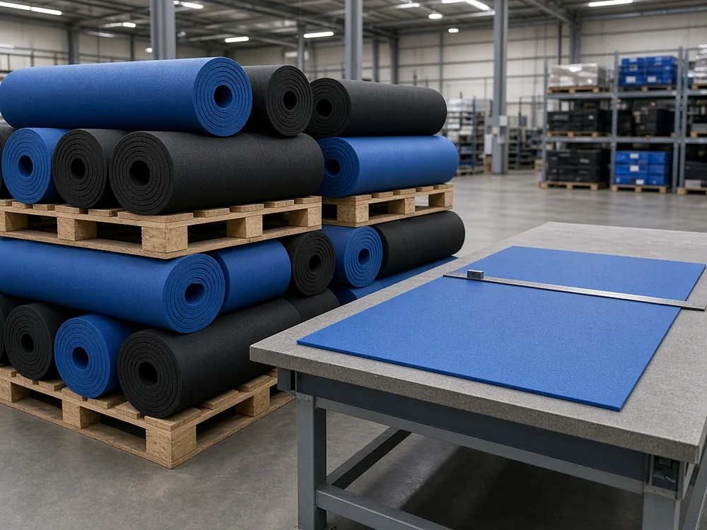 Stacked blue and black foam MMA mat rolls on pallets beside a cutting table with a flat blue mat sheet in a clean factory