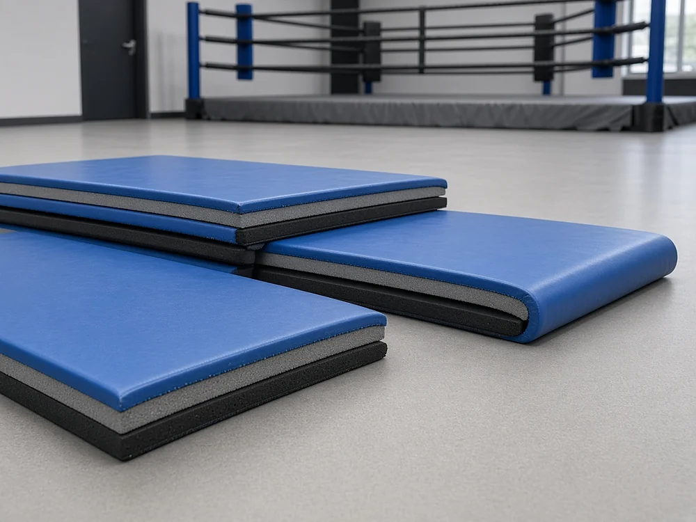 Blue roll-out MMA training mats showing gray foam core and black underside on a gym floor beside a boxing ring