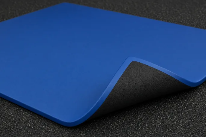 Blue MMA training mat with one corner folded back to show the black textured underside on a gym floor