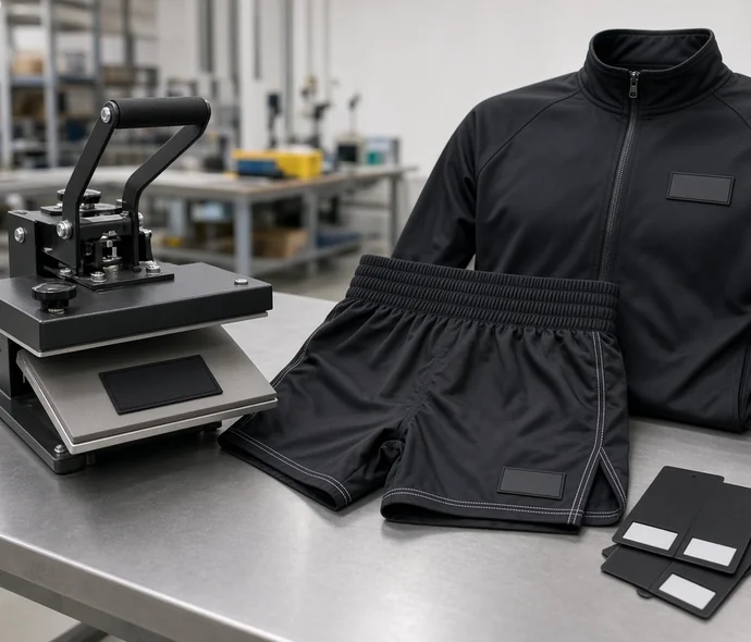 Heat press beside black MMA shorts and a zip jacket with blank private-label patches on a factory worktable