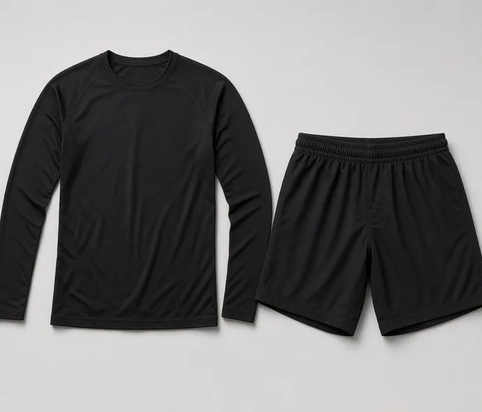 Plain black long-sleeve MMA rash guard and matching black fight shorts laid flat on a light gray studio background
