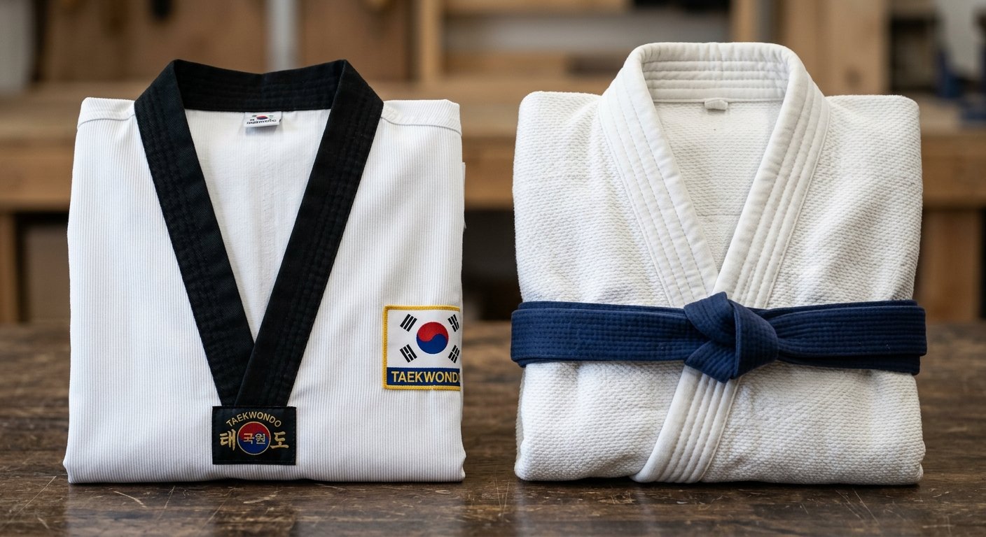 Close-up of pullover V-neck collar next to wraparound tied jacket collar on martial arts uniforms