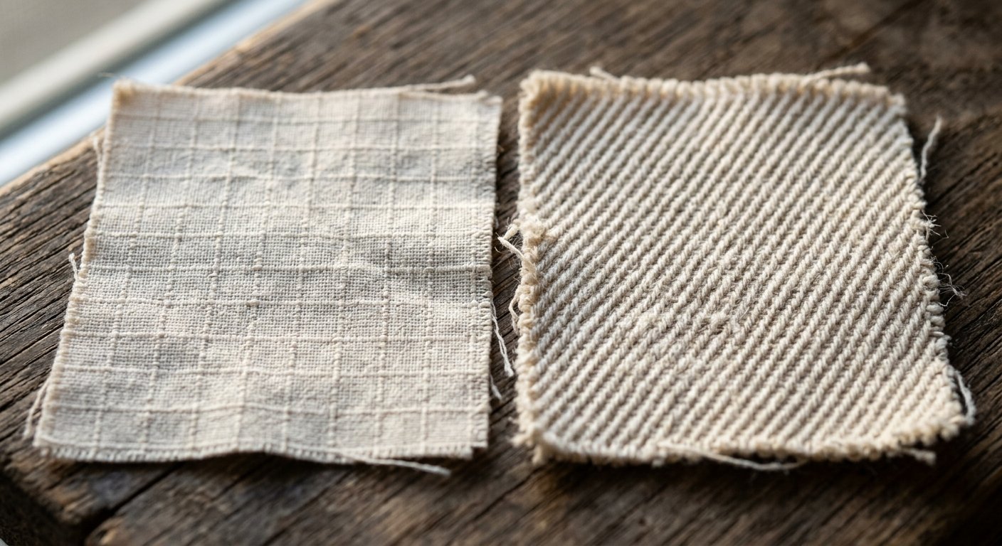 Macro shot comparing lightweight ripstop fabric and heavy twill fabric weaves
