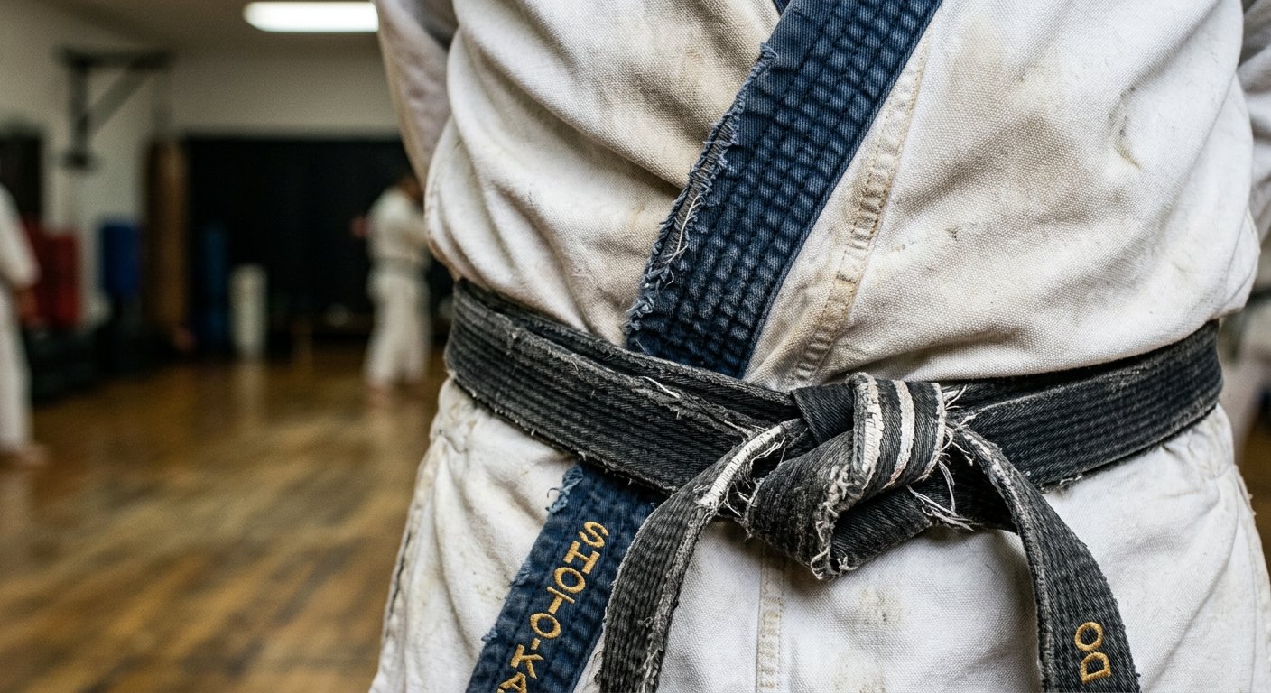 Worn martial arts uniform collar showing fabric wear and fading from repeated washing