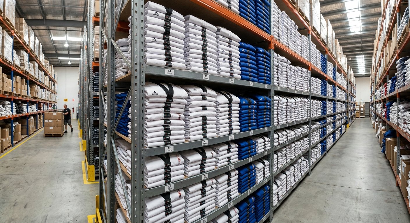 Stacked folded martial arts uniforms organized on warehouse shelving for bulk order fulfillment
