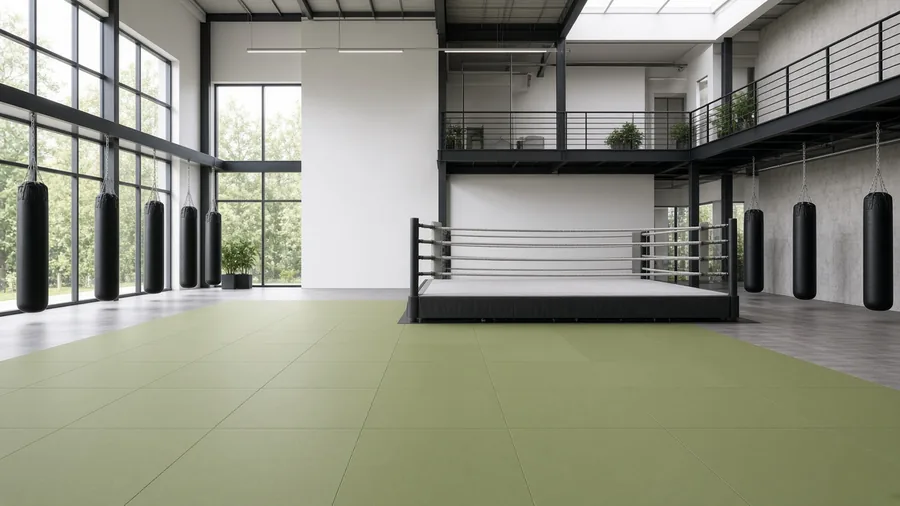 Spacious combat sports gym with green tatami mats, a plain boxing ring, and hanging heavy bags under a mezzanine